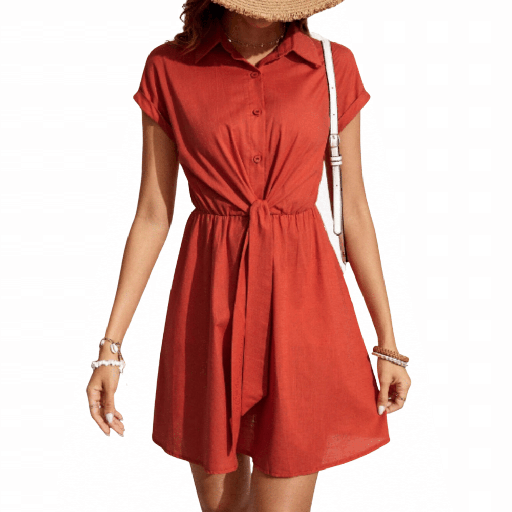 Vestido Camisero Unicolor Con Botón & Nudo Delantero