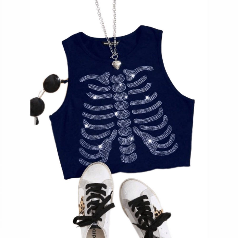 Top Tank con Brillos con Patrón de Calavera Azul