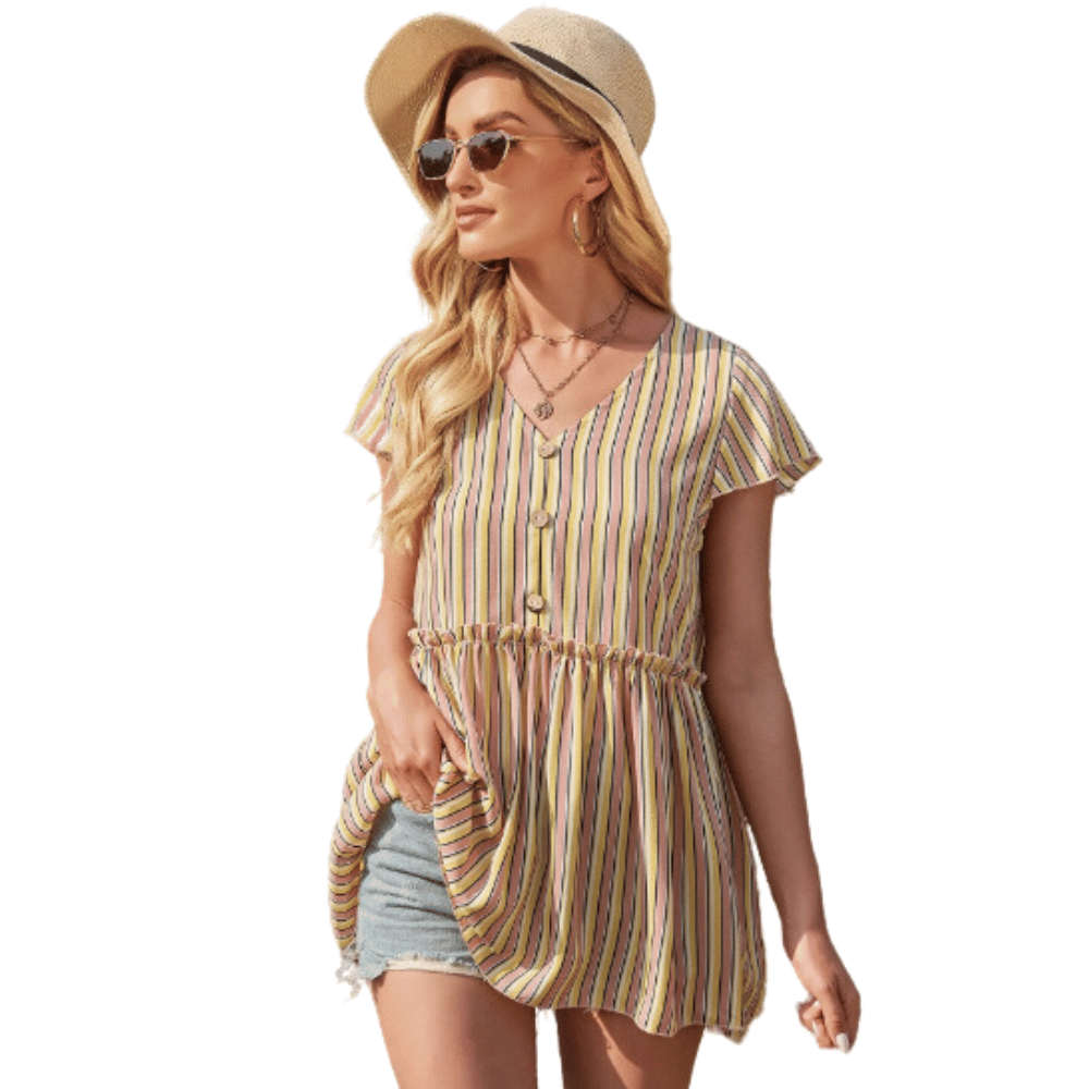 Blusa Modelo Babydoll con Fruncido de Rayas