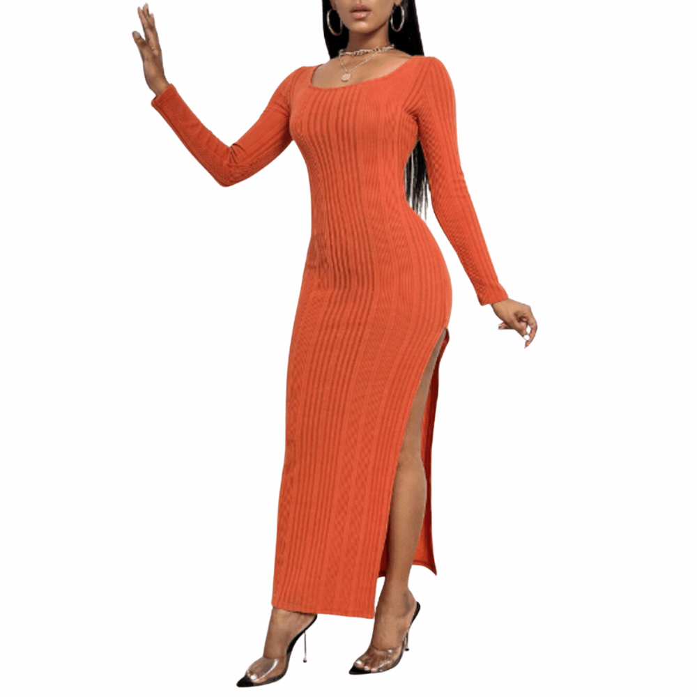 Vestido Unicolor de Muslo con Abertura de Cuello Scoop