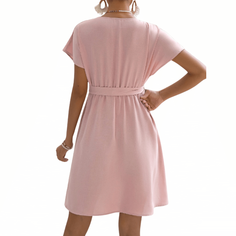 Vestido de Maternidad Rosa con Cinturón de Cuello Cruzado