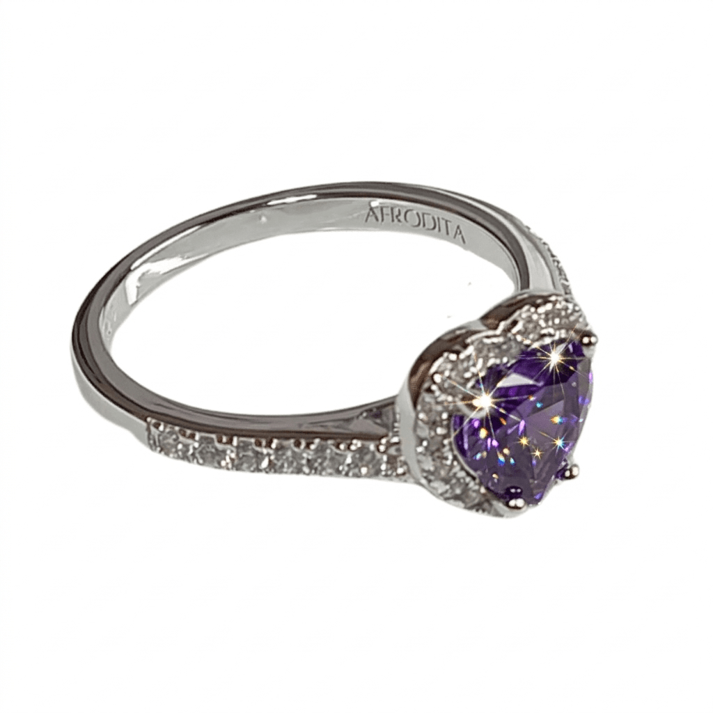 Anillo de Compromiso de Plata Bañado en Oro Blanco Modelo 614 Amatista