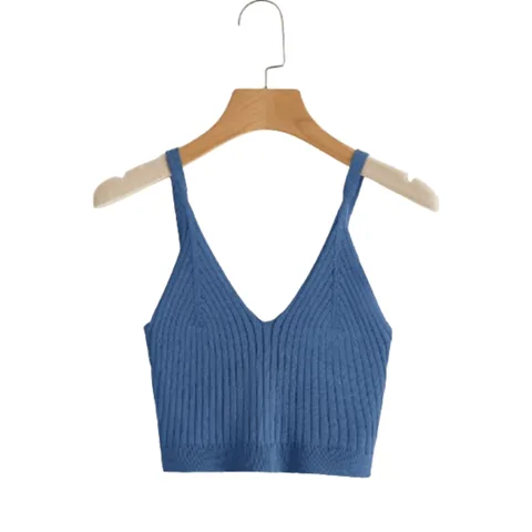 Polo Top de Tirantes de Hilo Tejido Canalé Azul